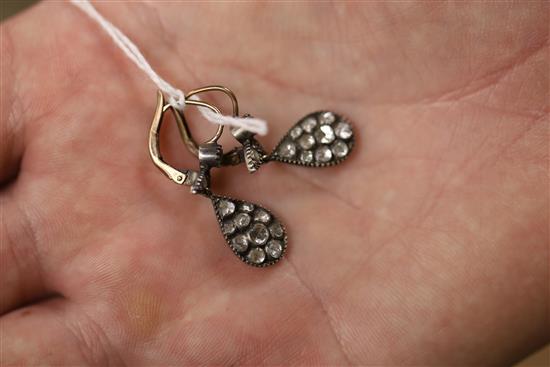 A pair of antique gold, silver and rose cut diamond set teardrop shaped drop earrings, 25mm.
